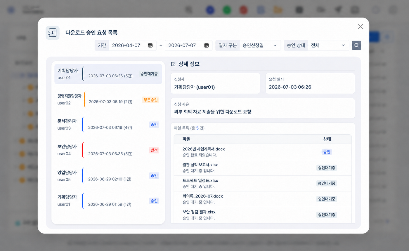 예시 데이터가 적용된 HOffice 실제 다운로드 승인 요청 목록 화면